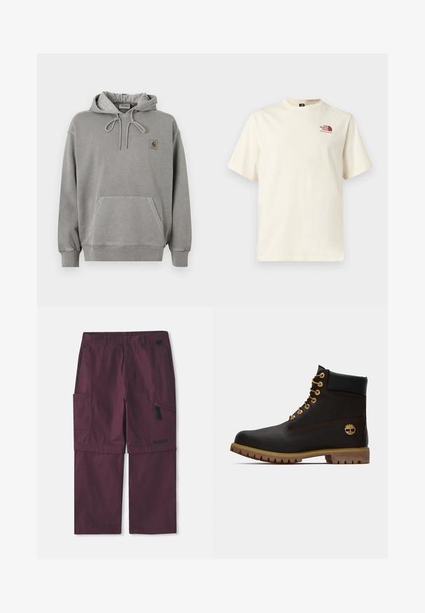 Ανοιχτό γκρι φούτερ Carhartt με κουκούλα, μπροστινή τσέπη καγκουρό, κορδόνι στην κουκούλα, ριμπ μανσέτες και μικρό λογότυπο της μάρκας στο στήθος.; Κοντομάνικη off-white μπλούζα με μπορντό λογότυπο «The North Face» στο αριστερό στήθος, στρογγυλή λαιμόκοψη, απλός σχεδιασμός.; Καρώ μπουρντό παντελόνι cargo convertible με τσέπη με φερμουάρ στο πλάι και λογότυπο Timberland στο δεξί πόδι, σε εκτενές μανίκι.; Μαύρη δερμάτινη αστράγαλοι μποτάκι με χρυσά μάτια, καφέ λεπτομέρειες και ελαστική σόλα. Διαθέτει επενδεδυμένο κολάρο και ανάγλυφο λογότυπο στη πλευρά.