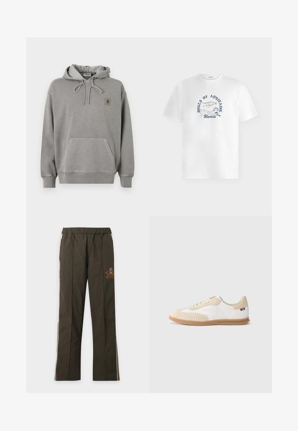 Ανοιχτό γκρι φούτερ Carhartt με κουκούλα, μπροστινή τσέπη καγκουρό, κορδόνι στην κουκούλα, ριμπ μανσέτες και μικρό λογότυπο της μάρκας στο στήθος.; Λευκό μπλουζάκι με μπλε κείμενο "Souls of Aquitaine Silencio" και σχέδιο τοπίου με βράχια, θάλασσα, ήλιο και σύννεφα.; Παντελόνι σκούρο πράσινο με ίσια γραμμή, ελαστική μέση, λευκές πλευρικές ρίγες και μικρό κίτρινο λογότυπο στο πάνω αριστερό μηρό.; Λευκό αθλητικό παπούτσι με ελαφρώς μπεζ σουέντ λεπτομέρειες, διάτρητο σχέδιο, επίπεδα κορδόνια και σόλα από καουτσούκ τύπου γκάμ. Διαθέτει ριγέ σήμανση στη φτέρνα.