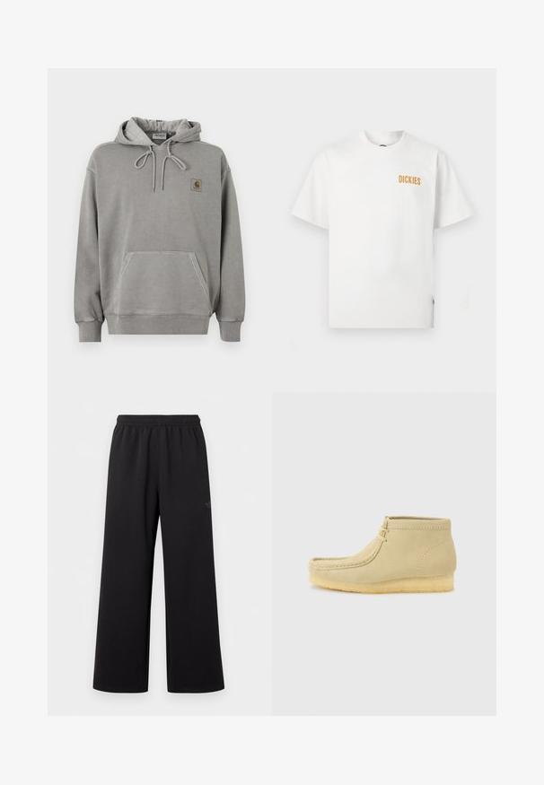 Ανοιχτό γκρι φούτερ Carhartt με κουκούλα, μπροστινή τσέπη καγκουρό, κορδόνι στην κουκούλα, ριμπ μανσέτες και μικρό λογότυπο της μάρκας στο στήθος.; Λευκό T-shirt με κοντά μανίκια και στρογγυλή λαιμόκοψη, με μικρό πορτοκαλί λογότυπο "DICKIES" στο επάνω αριστερό μέρος του στήθους.; Μαύρο παντελόνι με φαρδύ πόδι, με ελαστική μέση και διακριτικό μικρό λογότυπο στο επάνω αριστερό μηρό, παρουσιάζεται σε απλό λευκό φόντο.; Μοκασίνι μπεζ σουέτ μέχρι τον αστράγαλο με σόλα από κρέπα και κορδόνια στο μπροστινό μέρος, τοποθετημένο σε απλό ανοιχτό γκρι φόντο.