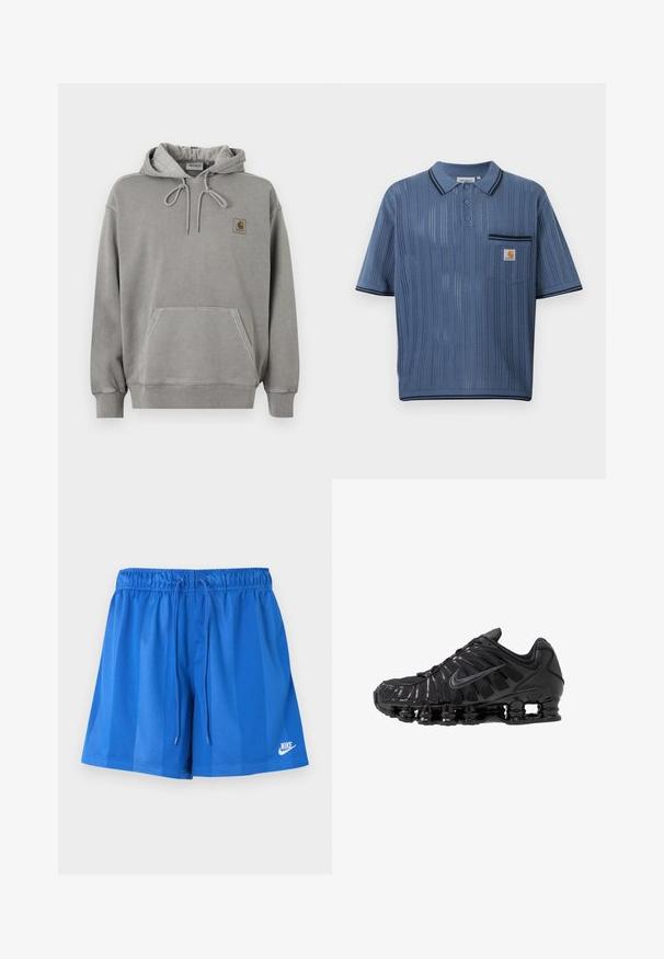 Ανοιχτό γκρι φούτερ Carhartt με κουκούλα, μπροστινή τσέπη καγκουρό, κορδόνι στην κουκούλα, ριμπ μανσέτες και μικρό λογότυπο της μάρκας στο στήθος.; Μπλε πλεκτό πόλο πουκάμισο με κάθετες διάτρητες ρίγες, τρία κουμπιά στη λαιμόκοψη, τσέπη στο στήθος με λογότυπο Carhartt και μαύρο περίγραμμα στον γιακά και στα μανίκια.; Μπλε αθλητικό σορτς με ελαστική ζώνη μέσης και κορδόνι, με λευκό λογότυπο Nike στο κάτω αριστερό πόδι.; Μαύρα αθλητικά παπούτσια κατασκευασμένα από δίχτυ και συνθετικά υλικά, με χαρακτηριστικό κυματιστό σχέδιο, μαύρη λαστιχένια σόλα και αντανακλαστικές λεπτομέρειες.