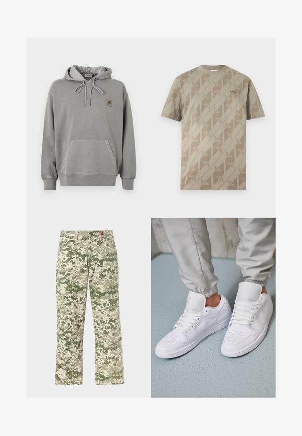 Ανοιχτό γκρι φούτερ Carhartt με κουκούλα, μπροστινή τσέπη καγκουρό, κορδόνι στην κουκούλα, ριμπ μανσέτες και μικρό λογότυπο της μάρκας στο στήθος.; Μπεζ κοντομάνικη μπλούζα με διαγώνιες ρίγες και επαναλαμβανόμενο μοτίβο με το λογότυπο τριφύλλι σε ελαφρώς πιο σκούρα απόχρωση.; Ανδρικό παντελόνι κανονικής γραμμής με μοτίβο παραλλαγής σε πράσινο και μπεζ με ψηφιδωτό σχέδιο και εμπρόσθιες τσέπες, παρουσιασμένο πάνω σε ανοιχτό φόντο.; Λευκά δερμάτινα αθλητικά παπούτσια με περφοραρισμένο μπροστινό μέρος, επίπεδα κορδόνια, μαλακή επένδυση στον αστράγαλο και το λογότυπο Jordan στην γλώσσα. Φοριούνται με γκρι φόρμες.