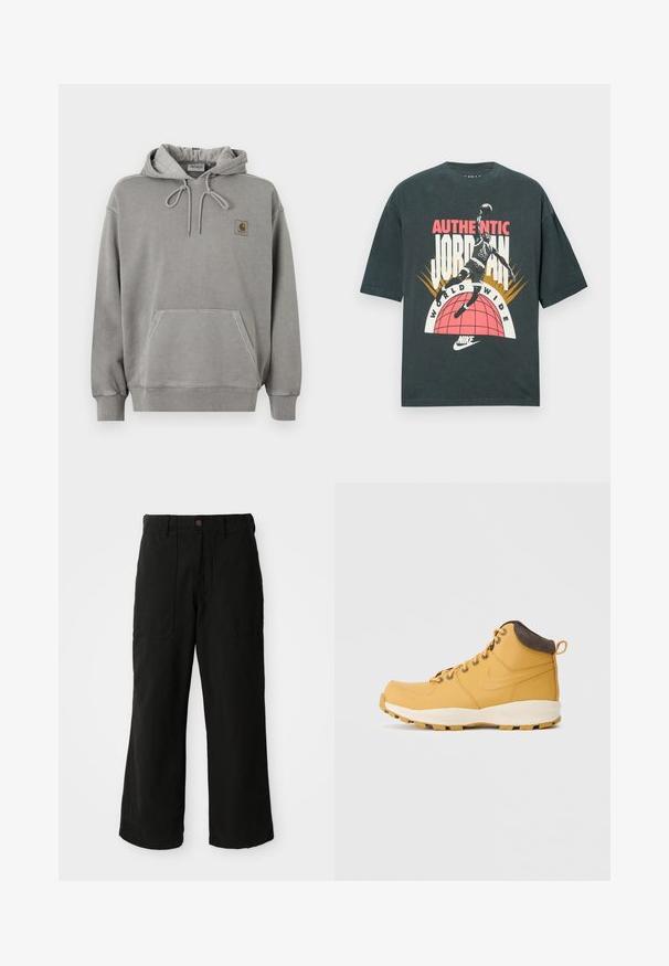 Ανοιχτό γκρι φούτερ Carhartt με κουκούλα, μπροστινή τσέπη καγκουρό, κορδόνι στην κουκούλα, ριμπ μανσέτες και μικρό λογότυπο της μάρκας στο στήθος.; Μαύρο βαμβακερό κοντομάνικο μπλουζάκι με κοντά μανίκια, που απεικονίζει πολύχρωμο γραφικό σχέδιο παίκτη που κάνει κάρφωμα, στοιχεία κειμένου και το λογότυπο της Nike.; Μαύρο παντελόνι σε ευρεία γραμμή από μαλακό ύφασμα, με μπροστινές τσέπες και κούμπωμα με κουμπί στη μέση. Μινιμαλιστικός σχεδιασμός χωρίς ορατά μοτίβα.; Κίτρινο δερμάτινο ψηλό παπούτσι με επενδυμένο καφέ περιλαίμιο, στρογγυλά κορδόνια και υφασμάτινη σόλα από καουτσούκ με υφή, σχεδιασμένη για πρόσφυση.