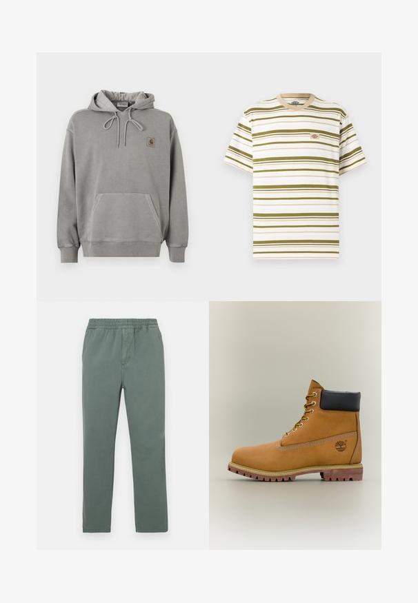 Ανοιχτό γκρι φούτερ Carhartt με κουκούλα, μπροστινή τσέπη καγκουρό, κορδόνι στην κουκούλα, ριμπ μανσέτες και μικρό λογότυπο της μάρκας στο στήθος.; Λευκό κοντομάνικο μπλουζάκι με οριζόντιες ρίγες σε ελιά πράσινο και μικρό ορθογώνιο λογότυπο στο αριστερό στήθος.; Παντελόνια από πράσινο βαμβακερό μείγμα με ελαστική μέση, σχέδιο με ίσια μπατζάκια και διακριτική υφή. Διαθέτουν πλαϊνές τσέπες και κεντρική ραφή.; Καφέ δερμάτινο μποτάκι αστραγάλου με μαύρο γιακά, κίτρινα κορδόνια και ταμπά σόλα. Διαθέτει λογότυπο και λευκή ραφή για λεπτομέρεια. Ανθεκτική εξωτερική σόλα με τραχύ πέλμα.