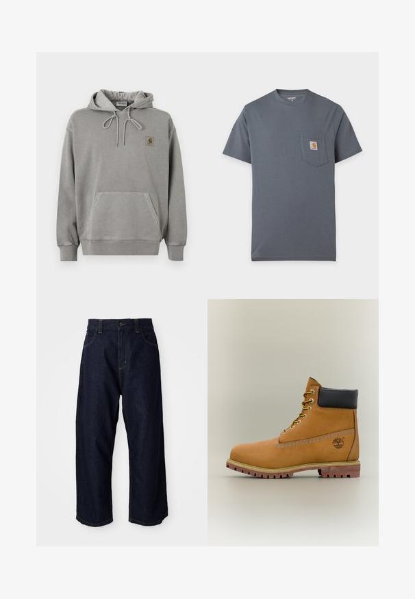 Ανοιχτό γκρι φούτερ Carhartt με κουκούλα, μπροστινή τσέπη καγκουρό, κορδόνι στην κουκούλα, ριμπ μανσέτες και μικρό λογότυπο της μάρκας στο στήθος.; Γκρι κοντομάνικο T-shirt με μπροστινή τσέπη που διαθέτει μικρό τετράγωνο λογότυπο Carhartt στο στήθος.; Σκούρο μπλε τζιν παντελόνι με άνετη εφαρμογή, διαθέτει κουμπωτό φερμουάρ, θηλάκια ζώνης και κίτρινες ραφές σε τσέπες και ραφές.; Καφέ δερμάτινο μποτάκι αστραγάλου με μαύρο γιακά, κίτρινα κορδόνια και ταμπά σόλα. Διαθέτει λογότυπο και λευκή ραφή για λεπτομέρεια. Ανθεκτική εξωτερική σόλα με τραχύ πέλμα.
