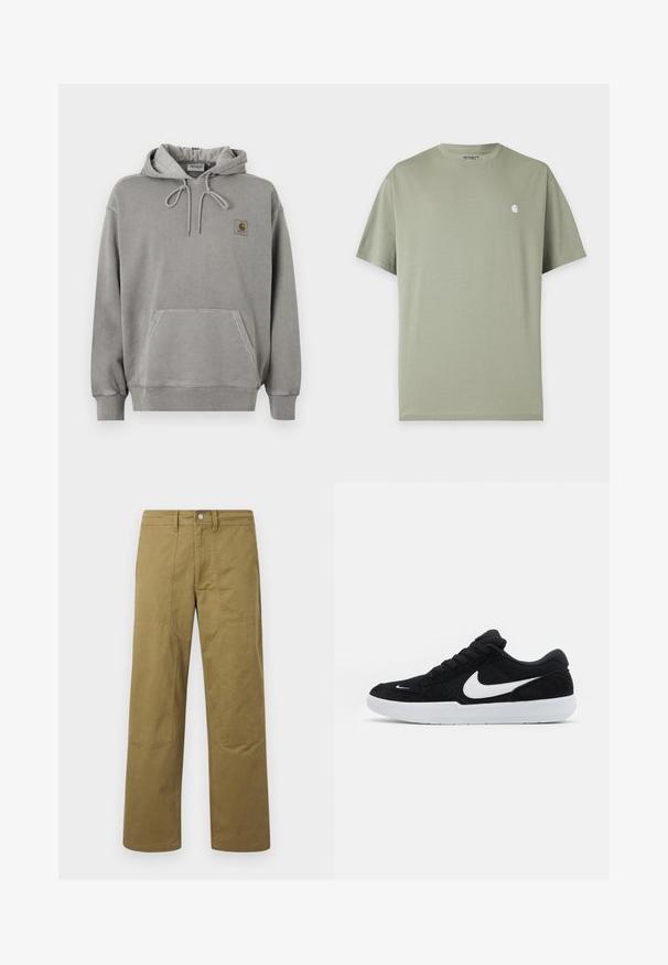 Ανοιχτό γκρι φούτερ Carhartt με κουκούλα, μπροστινή τσέπη καγκουρό, κορδόνι στην κουκούλα, ριμπ μανσέτες και μικρό λογότυπο της μάρκας στο στήθος.; Απλό ανοιχτό πράσινο κοντομάνικο μπλουζάκι με μικρό λευκό λογότυπο Carhartt στο αριστερό στήθος και στρογγυλή λαιμόκοψη.; Καφέ παντελόνι με ίσιο πόδι, με εμφανείς ραφές, θηλιές για ζώνη, κουμπί στο εμπρός μέρος και επιδιορθωτικές πινακίδες στα γόνατα.; Μαύρο σουέτ αθλητικό παπούτσι με λευκές λεπτομέρειες, διαθέτοντας στρογγυλή μύτη, παχιά λευκή σόλα και μαύρα κορδόνια. Εντυπωσιακό λευκό λογότυπο Nike στο πλάι.