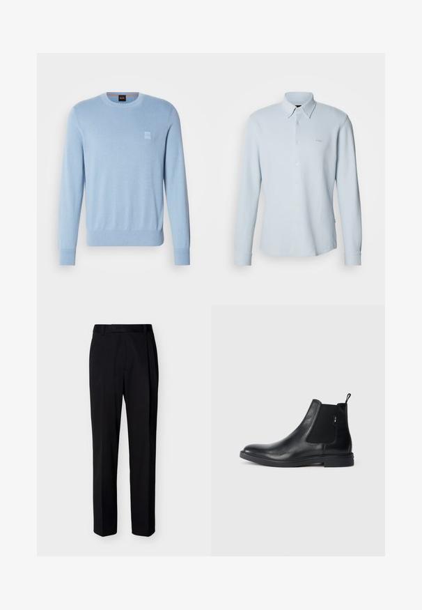 Helles blaues Sweatshirt aus weichem Material, mit rundem Halsausschnitt, gerippten Bündchen und einem kleinen Logopatch auf der Brust.; Hellblaues, langärmliges Hemd mit Knöpfen. Hergestellt aus strukturiertem Stoff mit klassischem Kragen, versehen mit einem dezenten Logo auf der Brust und Knopfmanschetten.; Schwarze, maßgeschneiderte, gerade geschnittene Hose mit Gürtelschlaufen und Bügelfalte, vor einem schlichten, hellen Hintergrund präsentiert.; Schwarze Leder Chelsea-Boots mit elastischen seitlichen Einsätzen, einer Zugschlaufe und einer flachen Gummisohle. Glatte Textur mit minimaler Ausgestaltung.