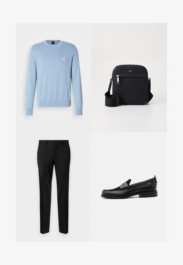 Helles blaues Sweatshirt aus weichem Material, mit rundem Halsausschnitt, gerippten Bündchen und einem kleinen Logopatch auf der Brust.; Schwarze maßgeschneiderte Hosen aus glattem Stoff, mit geradem Bein, feinen Bügelfalten und einem klassischen Bund mit Gürtelschlaufen.; Schwarzer Lederloafer mit grauem Riemendetail, niedrigem Absatz und strukturierter Sohle, seitlich mit „HUGO“ in Gold gebrandmarkt.; Schwarze Umhängetasche aus Leder mit glatter Textur, verfügt über eine vordere Reißverschlusstasche, verstellbaren Riemen und schlankes quadratisches Design.
