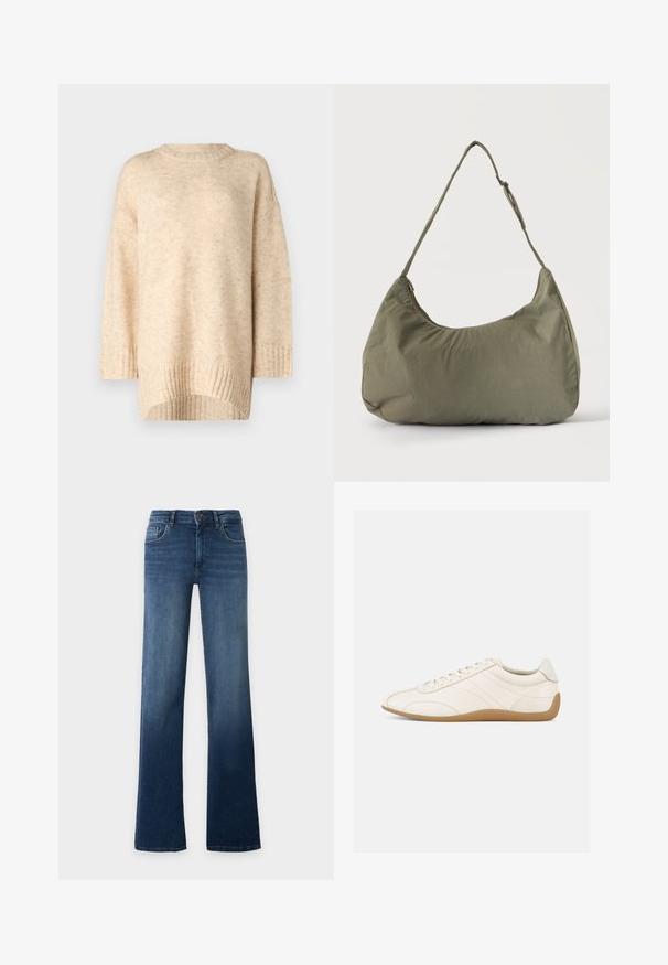 Pull en tricot beige avec un col rond côtelé, des épaules tombantes et un ourlet arrière plus long. Texture douce avec un motif subtil.; Jean bleu taille haute à jambes droites avec fermeture à bouton et à glissière, poches avant et arrière, présenté sur un fond uni clair.; Baskets en cuir blanc à texture lisse, bout arrondi et coutures ton sur ton. Elles comportent une semelle en caoutchouc beige et une fermeture à lacets.; Sac à épaule en tissu doux vert olive avec fermeture éclair et bandoulière réglable sur un fond uni clair.