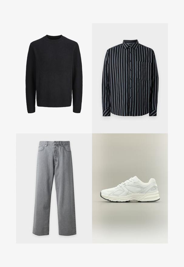 Sort langærmet rundhalset sweater med ribstrikkede manchetter og kant, lavet af blødt, struktureret stof.; Sort button-up skjorte med blå lodrette striber, lange ærmer, krave og en brystlomme. Glat stof, afslappet pasform, standard knapper.; Grå straight-leg denim jeans med forreste knap- og lynlås lukning, bæltestropper og forlommer på hvid baggrund.; Hvid atletisk sneaker med mesh og syntetiske overlays, snørelukning, tyk polstret sål og diskret branding på sidepanelet.