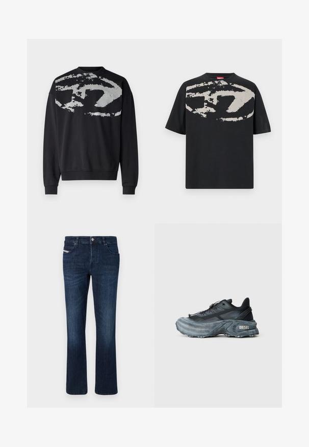 Zwarte sweatshirt met een textuur, abstract grijs patroon op de achterkant. Heeft een ronde hals, lange mouwen en geribbelde boorden.; Zwarte T-shirt met een groot, abstract lichtgrijs grafisch ontwerp op de voorkant. Korte mouwen en een klassieke ronde halslijn. Gemaakt van katoen.; Donkerblauwe denim jeans met een rechte pijp. Beschikt over vijf zakken, een metalen knoopsluiting en subtiele stiksels op de achterzak.; Zwarte en grijze Diesel sneakers met dikke zool, vetersluiting en gestructureerd ontwerp op een effen lichtgrijze achtergrond.