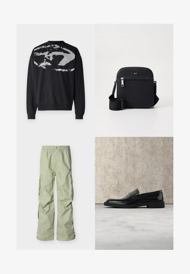 Sudadera negra con un patrón abstracto y texturizado en gris en la parte trasera. Presenta un cuello redondo, mangas largas y puños acanalados.; Pantalones cargo de color verde claro con cintura elástica, bolsillos laterales y un ajuste relajado. La tela tiene una textura suave y un ligero brillo.; Zapato loafer de cuero negro pulido flotando sobre una alfombra beige con muebles translúcidos naranjas de fondo.; Bolso bandolera de cuero negro con textura suave, que cuenta con un bolsillo frontal con cremallera, correa ajustable y un diseño cuadrado elegante.
