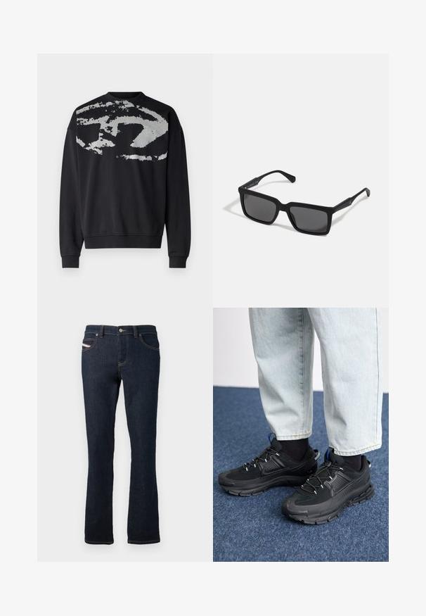 Sudadera negra con un patrón abstracto y texturizado en gris en la parte trasera. Presenta un cuello redondo, mangas largas y puños acanalados.; Jeans de mezclilla azul marino con corte recto, con costuras naranjas, cierre de botón metálico y un pequeño logo en el bolsillo trasero.; Zapatillas deportivas negras con tejido texturizado y suelas de goma, con cordones elásticos y un acento azul en el talón. Combinadas con pantalones de mezclilla claros.; Gafas de sol negras con lentes rectangulares, acabado mate, montura gruesa y brazos delgados con un discreto detalle de marca.
