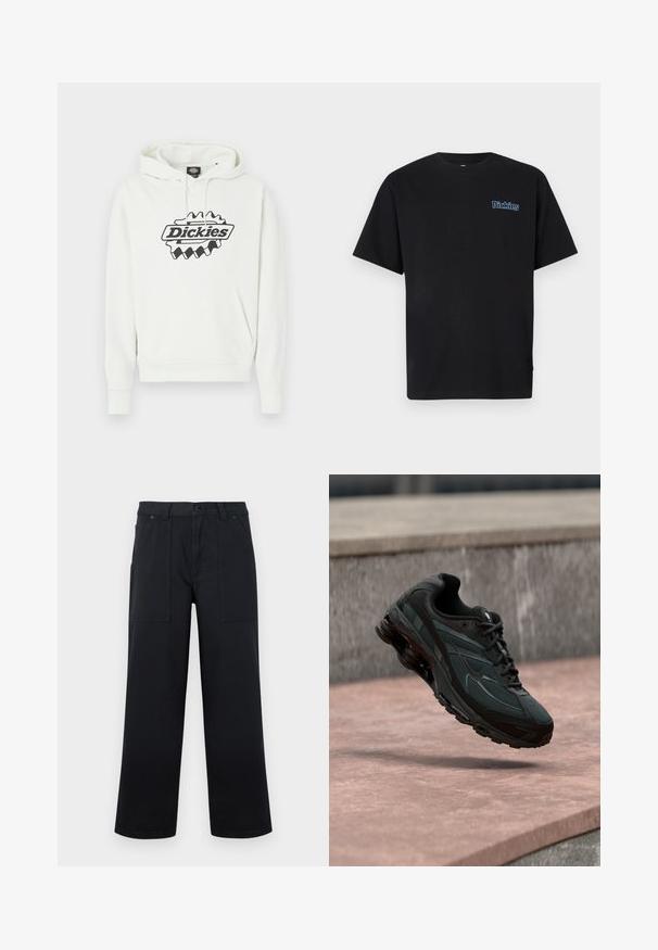 Λευκό φούτερ με μεγάλο μαύρο λογότυπο "Dickies", που διαθέτει κουκούλα με κορδόνι, τσέπη τύπου καγκουρό και ριμπ μανσέτες και τελείωμα. Απαλή υφή.; Μαύρο βαμβακερό t-shirt με κοντά μανίκια και στρογγυλή λαιμόκοψη. Διαθέτει μπλε κεντημένο λογότυπο «Dickies» στην αριστερή πλευρά του στήθους.; Μαύρο παντελόνι με φαρδιά παντελόνια, μπροστινές τσέπες τύπου πάτση, θηλιές για ζώνη και κλείσιμο με κουμπί, απεικονισμένο σε μονόχρωμο φόντο.; Μαύρο αθλητικό παπούτσι με ορατή μεσαία σόλα αέρα που αιωρείται πάνω από μια ροζ πέτρινη επιφάνεια με φόντο ένα γκρι πέτρινο τοίχο.