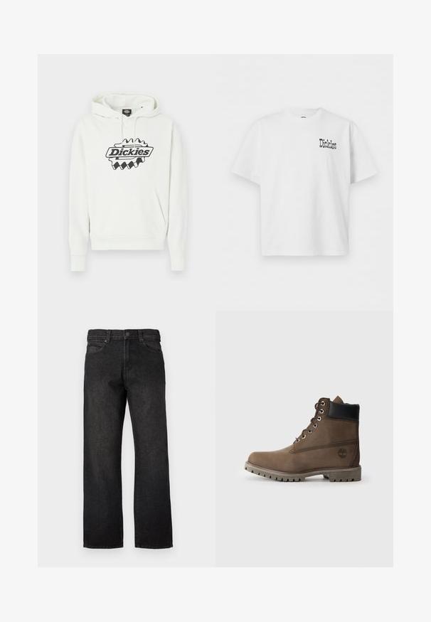 Λευκό φούτερ με μεγάλο μαύρο λογότυπο "Dickies", που διαθέτει κουκούλα με κορδόνι, τσέπη τύπου καγκουρό και ριμπ μανσέτες και τελείωμα. Απαλή υφή.; Λευκό κοντομάνικο T-shirt με στρογγυλή λαιμόκοψη και μικρό μαύρο λογότυπο "Dickies" στο αριστερό μέρος του στήθους.; Μαύρο τζιν παντελόνι με ίσια γραμμή, διαθέτει κουμπιά κλεισίματος, θηλιές για ζώνη και πέντε τσέπες. Το ύφασμα έχει λείο, ελαφρώς υφηρό φινίρισμα.; Καφέ δερμάτινο μποτάκι μέχρι τον αστράγαλο με μαύρη επένδυση, μεταλλικές τρυπίτσες και ανθεκτική γκρίζα σόλα. Διαθέτει λογότυπο στο πλάι και ραφές διακόσμησης.
