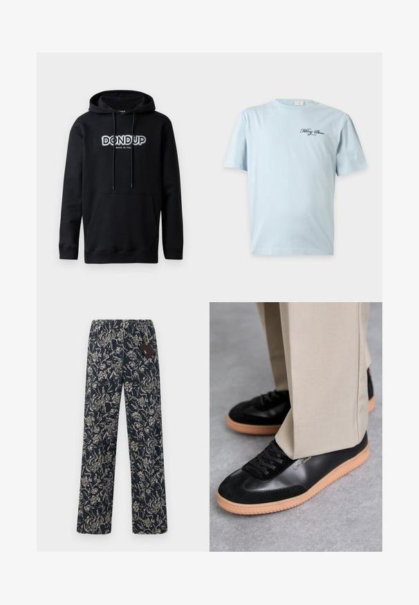 Dondup Hættetrøje - black; Lyseblå T-shirt med korte ærmer og lille sort kursiv tekst "Filling Pieces of Cinema" på venstre bryst.; Marineblå bukser med blomsterprint, elastisk talje og en løs pasform i struktureret stof. Inkluderer et mærke fastgjort til taljen.; Paul Smith COMO - Sneakers - black