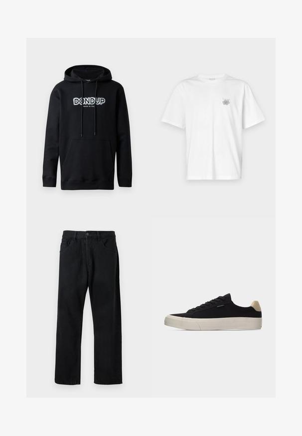 Dondup Hoodie - black; Witte t-shirt van katoen met korte mouwen, een ronde hals, en een klein grijs logo op de linker borstzijde. Soepele textuur.; Zwarte jeans van denim, met een klassieke vijf-pocketontwerp, rechte pijpen en een knoopsluiting. Gladde textuur, geen zichtbare patronen.; Zwarte lage sneaker met beige hielstuk, dikke witte rubberen zool, zwarte veters en een klein "PS Paul Smith" label aan de zijkant.