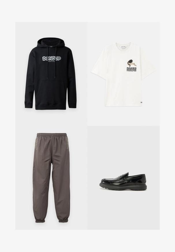 Dondup Hoodie - black; Witte katoenen t-shirt met een pixelachtige grafiek van een figuur en de tekst "NAKED PHOTOS PROHIBITED" aan de linkerkant. Korte mouwen.; Donkergrijze, elastische broek met een relaxte pasvorm. Voorzien van gathered boorden en subtiele borduursels aan de zijkanten. Lichtgewicht stof.; Zwarte leren instapper met een glanzende afwerking, een ronde neus, subtiele stiksels en een dikke rubberen zool voor duurzaamheid.