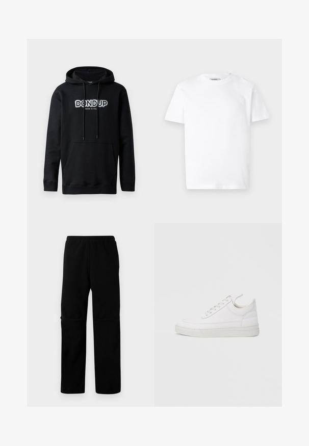 Dondup Hættetrøje - black; Hvid bomulds T-shirt med rund hals og korte ærmer. Har et lille, præget logo på venstre bryst. Glat tekstur.; Sorte fleecebukser med elastisk talje og lige ben. Glat tekstur uden synlige mønstre eller hardware.; Hvid lædersneaker med rundet tå, flad sål og snørebånd foran. Har syningsdetaljer og polstret krave for komfort.