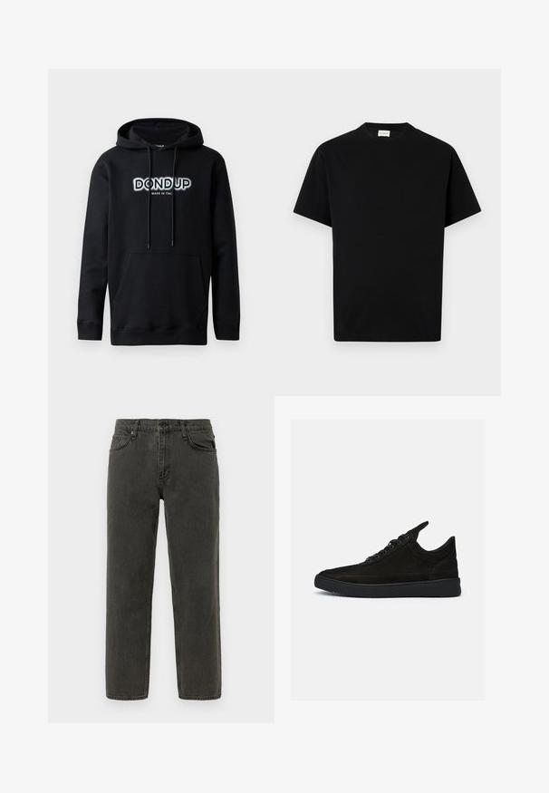 Dondup Sweat à capuche - black; T-shirt en coton noir avec un col rond, des manches courtes et une coupe droite. Pas de motifs visibles ni de détails matériels.; Jean en denim noir droit avec fermeture à bouton et à zip, poches avant et arrière, et passants de ceinture.; Baskets en daim noir à profil bas, avec un bout rond et une semelle en caoutchouc texturé. Comprend cinq œillets et une languette à l'arrière.