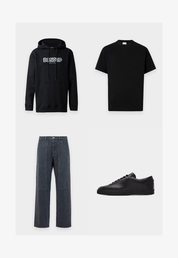 Dondup Hoodie - black; Zwarte katoen t-shirt met ronde hals, korte mouwen en rechte snit. Geen zichtbare patronen of hardwaredetails.; Donkergrijze jeans met een wijde pijp, voorzien van decoratieve patches aan de voorkant met een subtiel bloemmotief en standaard zakdetails.; Zwarte lage leren sneaker met vetersluiting aan de voorkant en een platte rubberen zool, gezien van de zijkant tegen een effen witte achtergrond.