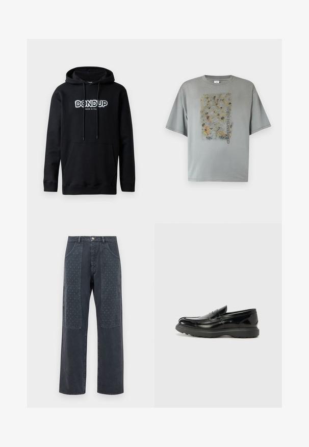 Dondup Sweat à capuche - black; T-shirt oversized gris avec un imprimé abstrait estompé représentant une foule et le texte vertical "WON HUNDRED" au centre avant.; Jean gris foncé à coupe large, avec des patchs décoratifs à l'avant présentant un motif floral discret et des détails de poches standards.; Mocassin en cuir noir avec une finition brillante, bout arrondi, détails de couture subtils et semelle en caoutchouc épaisse pour la durabilité.