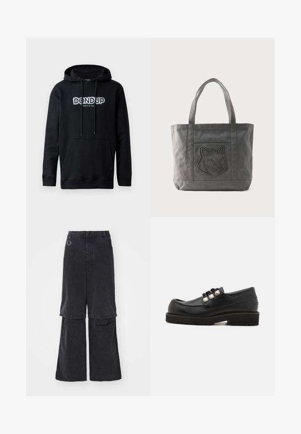Dondup Hættetrøje - black; Études NOCTURNE - Jeans Relaxed Fit - black washed; Sorte læder loafers med rund tå, der har tre metalliske detaljer og en tekstureret sål for godt greb. Glat overdel og syet detalje.; Grå lærredsnet med to håndtag og frontlomme med broderet ulvehoveddesign.