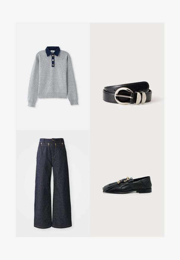 Sweatshirt gris avec un col en denim bleu foncé, trois boutons dorés et des poignets côtelés. Texture douce avec un design décontracté.; Jeans à jambes larges en denim foncé, dotés d'une taille haute, d'une fermeture à double bouton et de surpiqûres contrastées le long des coutures.; Mocassin en cuir noir avec détail en métal doré et franges sur le dessus, semelle plate et petit talon, présenté de profil sur fond clair.; Ceinture en cuir noir avec une boucle arrondie argentée et deux passants argentés sur un fond clair uni.