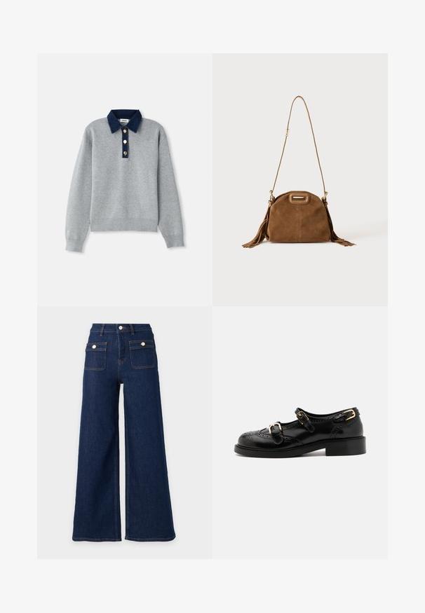 Sweatshirt gris avec un col en denim bleu foncé, trois boutons dorés et des poignets côtelés. Texture douce avec un design décontracté.; Jeans en denim bleu foncé à jambes larges, taille haute et deux poches avant à rabat avec boutons.; Chaussures en cuir noir avec détails de brogue, dotées de deux sangles à boucle, d'un bout arrondi et d'un talon bas. Texture lisse avec finition brillante.; Sac à épaule en daim marron avec une longue bandoulière, une découpe rectangulaire de la poignée et des détails à pompons sur les côtés sur fond blanc.