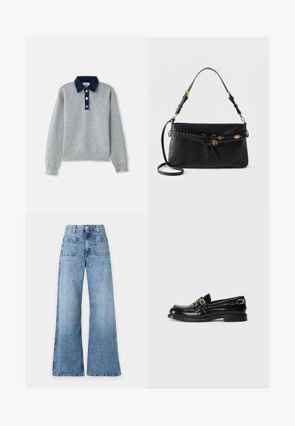 Sweatshirt gris avec un col en denim bleu foncé, trois boutons dorés et des poignets côtelés. Texture douce avec un design décontracté.; Jean en denim bleu taille haute à jambes larges, avec poches plaquées à l'avant, passants pour ceinture, fermeture par bouton et zip.; Mocassins en cuir noir avec une finition brillante, dotés de deux boucles dorées et d'un talon bas. Texture lisse avec un design à bout arrondi.; Sac à bandoulière en cuir noir avec sangle réglable, fine ceinture décorative ornée de clous dorés et bijou rond avec logo doré.
