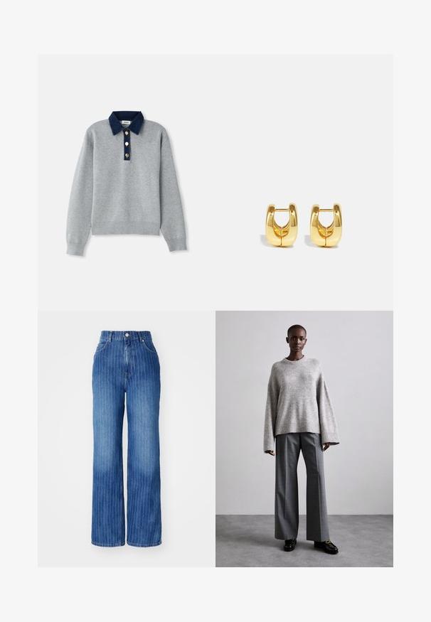 Sweatshirt gris avec un col en denim bleu foncé, trois boutons dorés et des poignets côtelés. Texture douce avec un design décontracté.; Jean en denim bleu à jambes larges avec des rayures blanches verticales, taille haute, et design à cinq poches, avec une fermeture à bouton et à glissière.; Pull en maille gris avec des manches larges et un ourlet côtelé, assorti à un pantalon gris taille haute avec un motif à carreaux discret et des mocassins noirs.; Boucles d'oreilles en or avec un design élégant et arrondi. Présentent un centre creux et une surface brillante, complétant les styles modernes.