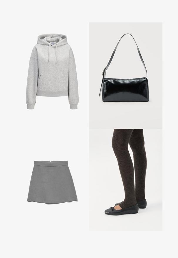 Lichtgrijze hoodie met een voorzak in kangeroestijl, verstelbare trekkoordkap, geribbelde manchetten en zoom, en een klein wit logo van "JUXX STUDIO" op de borst.; Grijze rok van zachte stof, met een hoge taille, uitlopende vorm en een verborgen rits aan de achterkant.; Benen met donkere geribbelde leggings gecombineerd met zwarte ballerina's met kleine strikdetails op een witte achtergrond.; Zwarte rechthoekige schoudertas met een enkele verstelbare band en een bovenste ritssluiting op een effen achtergrond.