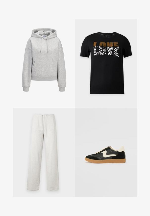 Lysegrå hættetrøje med front-kængurulomme, justerbar snøre i hætten, ribbede manchetter og kant samt en lille hvid "JUXX STUDIO"-logo på brystet.; Sort kortærmet T-shirt med ordet LOVE trykt med store bogstaver, med en blanding af guld- og hvide leopardmønstre.; Lysegrå joggingbukser med elastisk taljebånd og snor, lige ben, vist fladt mod en hvid baggrund.; Sorte ruskinds- og lædersneakers med en cremefarvet side-swoosh og lys cremefarvet hæl. Har beige snørebånd og en gummirubber-sål.