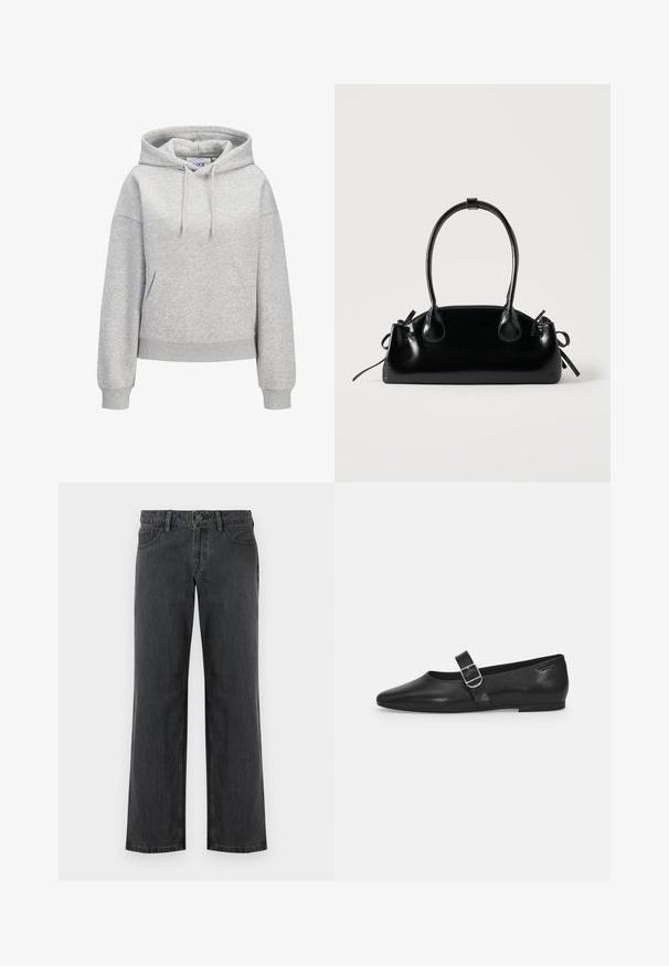 Lysegrå hættetrøje med front-kængurulomme, justerbar snøre i hætten, ribbede manchetter og kant samt en lille hvid "JUXX STUDIO"-logo på brystet.; Mørkegrå vidde bukser lavet af denim, med standard linning, fem lommer og knaplukning. Glat tekstur og ensartet syning.; Sorte læder flade sko med rund tå, et enkelt justerbart spænde og en glat, blank overflade. Minimalistisk design med en lav hæl.; Lille sort blank håndtaske med to lange håndtag og snøre-detaljer i siden på en ensfarvet lys baggrund.