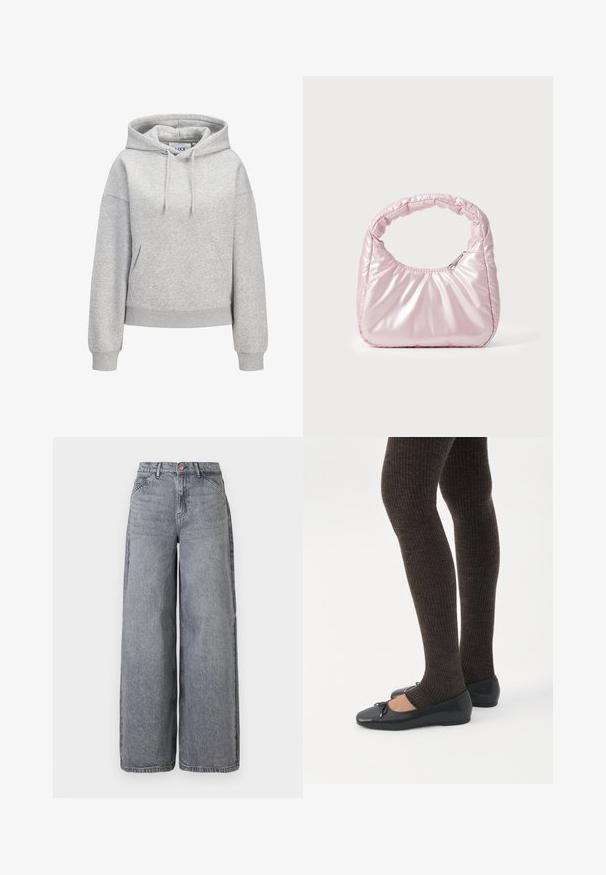 Lichtgrijze hoodie met een voorzak in kangeroestijl, verstelbare trekkoordkap, geribbelde manchetten en zoom, en een klein wit logo van "JUXX STUDIO" op de borst.; Wijde denim jeans in een vervaagde grijze was, met vijf zakken, een knoopsluiting en een zachte textuur met subtiele whiskerdetails.; Benen met donkere geribbelde leggings gecombineerd met zwarte ballerina's met kleine strikdetails op een witte achtergrond.; Roze, gevoerde handtas met een afgeronde vorm, gemaakt van glanzend materiaal. Beschikt over een geplooide handgreep en een ritssluiting voor veilige toegang.