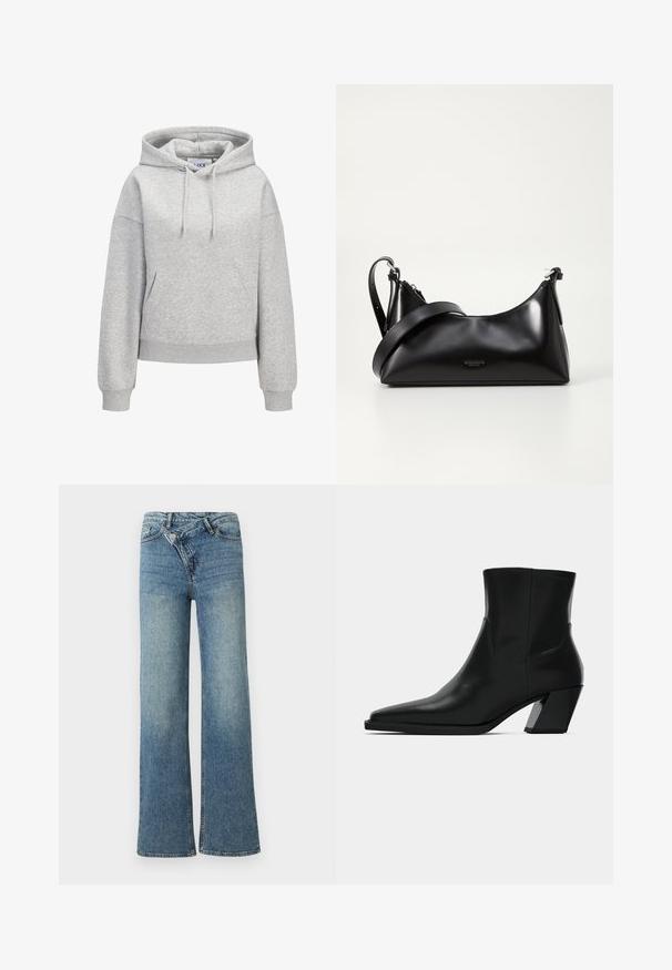 Lysegrå hættetrøje med front-kængurulomme, justerbar snøre i hætten, ribbede manchetter og kant samt en lille hvid "JUXX STUDIO"-logo på brystet.; Lyseblå denim jeans med vide ben og høj talje, let falmet effekt og knaplukning foran. Har fem lommer og minimal syning.; Sortlæder ankelstøvle med spids tå, en slank silhuet og en kraftig firkantet hæl. Glat tekstur med minimale stikninger.; Sort læderhåndtaske med en glat tekstur. Har en justerbar stropp og et enkelt, minimalistisk design med lynlås.