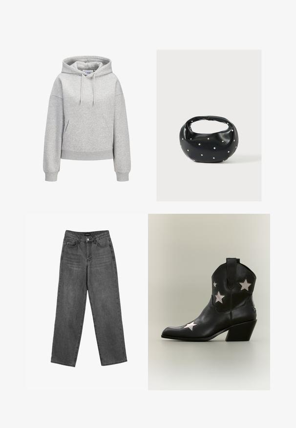 Lichtgrijze hoodie met een voorzak in kangeroestijl, verstelbare trekkoordkap, geribbelde manchetten en zoom, en een klein wit logo van "JUXX STUDIO" op de borst.; Zwarte high-waisted straight-leg jeans met een knoop aan de voorkant en zakken, weergegeven op een witte achtergrond.; Zwarte leren cowboylaars tot aan de enkel met een middelhoog schuin hakje en witte stervormige uitsparingen aan de zijkanten en teen.; Zwarte leren handtas met een afgeronde vorm, versierd met zilveren studs, en een korte handgreep. Gladde textuur en ritsluiting.