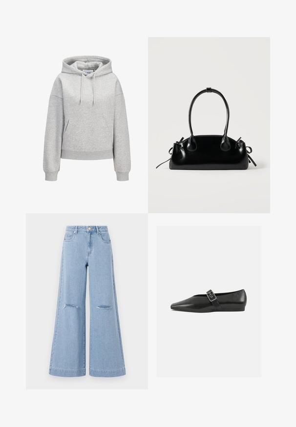 Lysegrå hættetrøje med front-kængurulomme, justerbar snøre i hætten, ribbede manchetter og kant samt en lille hvid "JUXX STUDIO"-logo på brystet.; Lyseblå bredbenede jeans med høj talje, der har to forlommer og to slidte knædetaljer, fremstillet af denimmateriale.; Sorte læder flade sko med spidse tæer, prydet med en metallisk spænde over vristen og en lav, fleksibel sål.; Lille sort blank håndtaske med to lange håndtag og snøre-detaljer i siden på en ensfarvet lys baggrund.