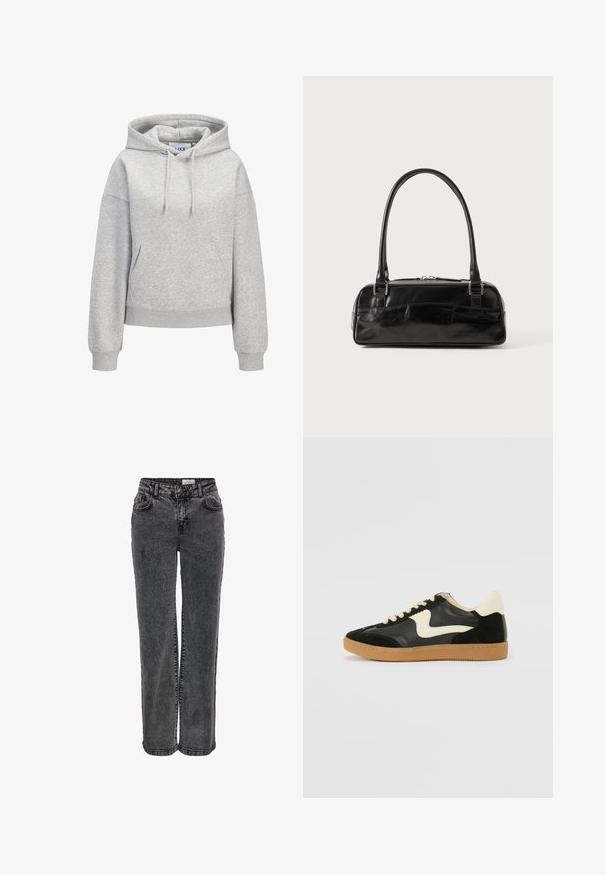 Lichtgrijze hoodie met een voorzak in kangeroestijl, verstelbare trekkoordkap, geribbelde manchetten en zoom, en een klein wit logo van "JUXX STUDIO" op de borst.; Zwarte denim jeans met een rechte pijpdesign, voorzien van zijzakken, riemlussen en een subtiele vervaagde textuur.; Zwarte suède en leren sneaker met een crèmekleurige zij-swoosh en lichte crèmekleurige hiel. Voorzien van beige veters en een gumrubberen zool.; Zwarte leren handtas met een rechthoekige vorm, voorzien van een enkele gestructureerde handgreep, zilveren hardware en ritsluiting. Gladde textuur.