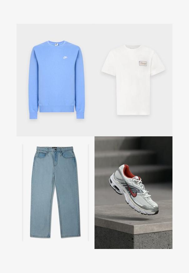 Ανοιχτό μπλε φούτερ από τη Nike με μακριά μανίκια, στρογγυλή λαιμόκοψη, ριμπ μανσέτες και τελείωμα, και μικρό λευκό λογότυπο της Nike στο αριστερό στήθος.; Λευκό βαμβακερό t-shirt με κοντά μανίκια, διαθέτει μικρή ορθογώνια ετικέτα λογότυπου στο αριστερό στήθος με πολύχρωμο κείμενο και περιθώριο.; Ανοιχτό μπλε τζιν παντελόνι με ίσια γραμμή, κατασκευασμένο από denim, διαθέτοντας κλείσιμο με κουμπί και φερμουάρ, πέντε τσέπες και αντίθετο ράψιμο.; Λευκό και ασημί παπούτσι τρεξίματος Nike με κόκκινες λεπτομέρειες να αιωρείται πάνω από μια τσιμεντένια άκρη, παρουσιάζοντας τις πλευρικές και σόλες λεπτομέρειες.