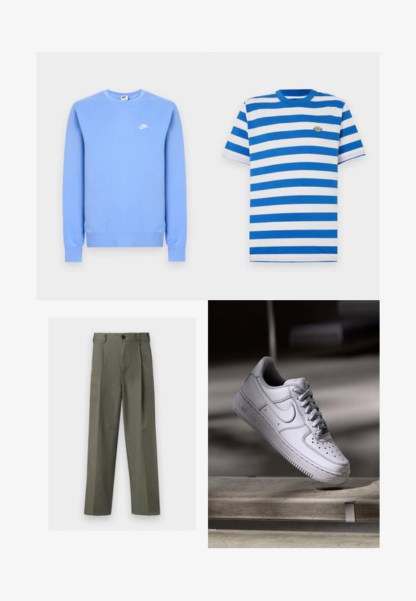 Ανοιχτό μπλε φούτερ από τη Nike με μακριά μανίκια, στρογγυλή λαιμόκοψη, ριμπ μανσέτες και τελείωμα, και μικρό λευκό λογότυπο της Nike στο αριστερό στήθος.; Κοντομάνικο μπλουζάκι με οριζόντιες μπλε και λευκές ρίγες, στρογγυλή λαιμόκοψη, απαλό βαμβακερό ύφασμα και μικρό κεντημένο λογότυπο στο στήθος.; Ευθείες παντελόνες σε ελιά πράσινο χρώμα με θηλιές για ζώνη, εμπρόσθιο κουμπί και πιέτες λεπτομέρειες.; Λευκό δερμάτινο αθλητικό παπούτσι Nike Air Force 1 με διάτρητο μπροστινό μέρος, επίπεδα κορδόνια και υφή στην καουτσούκ σόλα με το λογότυπο "AIR" στην πλευρά.