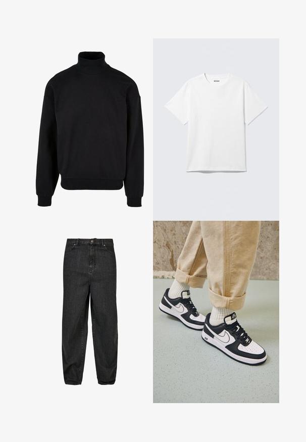 Sort turtleneck sweatshirt med afslappet pasform, lange ærmer og ribbede manchetter. Fremstillet af et blødt, struktureret stof.; Hvid kortærmet crewneck T-shirt lagt fladt ud, ensfarvet design, med "WEEKDAY" mærkat inde i kraven på en lys baggrund.; Sorte denimjeans med en afslappet pasform, der har en frontknaplukning, fem lommer og subtile slidte detaljer på stoffet.; Sorte og hvide Nike Air Force 1 sneakers med læderoverdel, perforeret tå og tekstureret såldetalje, båret med rullede beige bukser og hvide sokker.