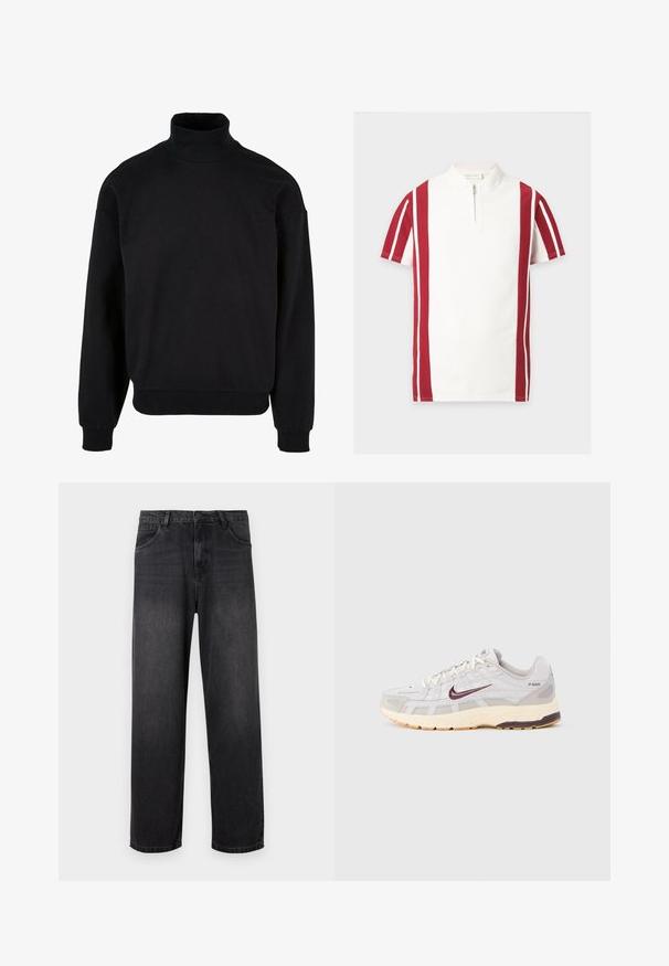 Schwarzes Rollkragen-Sweatshirt mit lockerer Passform, langen Ärmeln und gerippten Bündchen. Aus einem weichen, strukturierten Stoff gefertigt.; Weißes kurzärmeliges Poloshirt mit roten und weißen vertikalen Streifen an den Ärmeln und Seiten, mit einem Frontreißverschluss unter dem Kragen.; Dunkelgraue Denim-Jeans mit geradem Bein, ausgestattet mit einem Reißverschluss, fünf Taschen und subtilen Verblassungen auf dem Stoff.; Herren-Laufschuh in Hellgrau und Creme mit atmungsaktivem Mesh-Obermaterial, dunkelrotem Nike-Swoosh, gepolstertem Kragen und einer strukturierten Sohle.