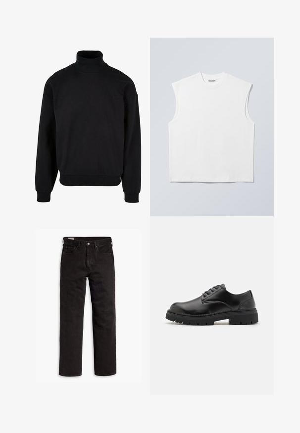 Sort turtleneck sweatshirt med afslappet pasform, lange ærmer og ribbede manchetter. Fremstillet af et blødt, struktureret stof.; Hvid ærmeløs bomulds top med rund hals og markerede skulderpartier, mærket "WEEKDAY" på halsmærket, vist på lys grå baggrund.; Sorte lige bukser i denim med fem lommer, knaplukning og bæltestropper, lagt fladt ud på en hvid baggrund.; Sorte lædersko med rund tå, snørelukning og en tykk, struktureret gummisål. Har syninger langs kanten og en glat overflade.