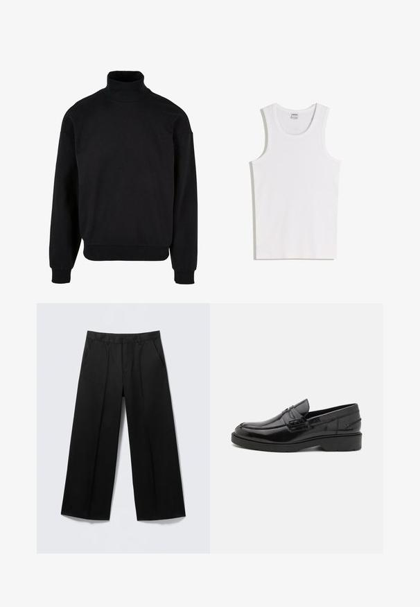 Sort turtleneck sweatshirt med afslappet pasform, lange ærmer og ribbede manchetter. Fremstillet af et blødt, struktureret stof.; Hvid bomulds tanktop med rund halsudskæring og brede skulderstropper. Glat tekstur, uden mønstre eller detaljer, enkelt design.; Sorte vidde-bukser med bæltestropper, forlommer og lynlås foran, vist på en lysegrå baggrund.; Sorte læder loafers med en glat finish, rund tå, lav hæl og dekorativ syning langs forsiden. Gummisål for godt greb.