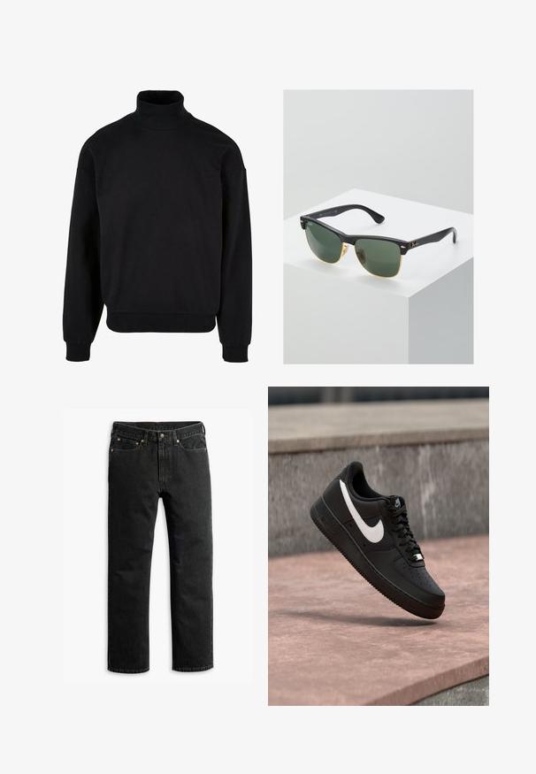 Sort turtleneck sweatshirt med afslappet pasform, lange ærmer og ribbede manchetter. Fremstillet af et blødt, struktureret stof.; Sorte lige ben denim jeans med fem lommer, bæltestropper og en knaplukning i taljen, lagt fladt på en hvid baggrund.; Sort Nike Air Force 1-sneaker med hvid swoosh-logo, svævende over en stenovertflade med en grå tekstureret væg i baggrunden.; Ray-Ban solbriller med grønne linser, sorte plastikstel og gyldne detaljer ved kanterne. Firkantet form med mat finish.