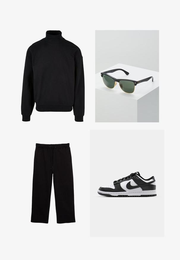 Sort turtleneck sweatshirt med afslappet pasform, lange ærmer og ribbede manchetter. Fremstillet af et blødt, struktureret stof.; Sorte sweatpants lavet af blødt stof, med elastisk talje med snøre, to sidelommer og en afslappet pasform.; Sort og hvid Nike Dunk sneakers med læderoverdel, perforeret tå, sorte snørebånd og en sort gummisål med slidbanedesign.; Ray-Ban solbriller med grønne linser, sorte plastikstel og gyldne detaljer ved kanterne. Firkantet form med mat finish.
