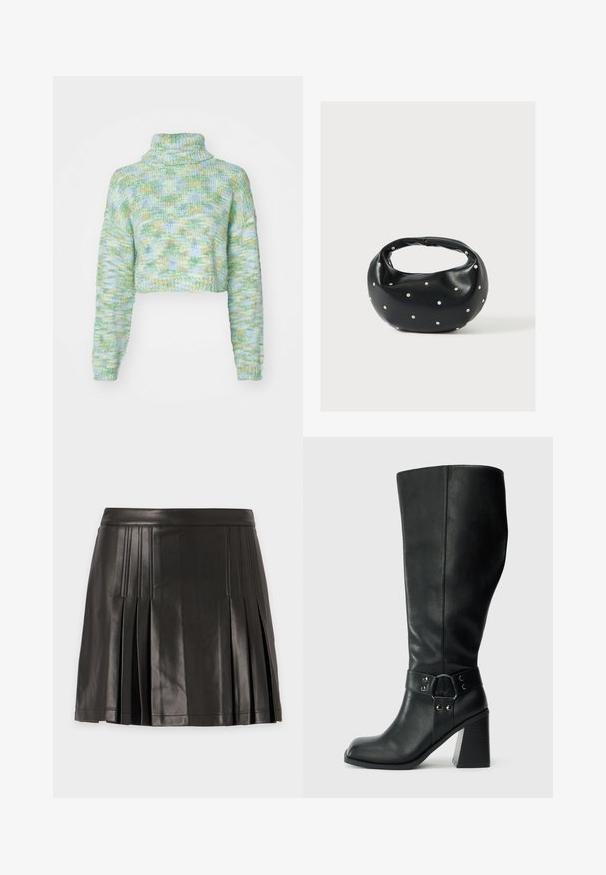 ONLY ONLELOISE CROP ROLLNECK - Πουλόβερ - absinthe green; Μίνι φούστα από μαύρο ψεύτικο δέρμα με πιέτες και ραμμένες λεπτομέρειες κατά μήκος των πιέτων και της μέσης σε απλό φόντο.; Μαύρες δερμάτινες μπότες μέχρι το γόνατο με τετράγωνη μύτη, ευρύ τακούνι και διακοσμητικό λουράκι με μεταλλικές λεπτομέρειες γύρω από τον αστράγαλο. Λείος υφασμάτινος σχεδιασμός.; Μαύρη δερμάτινη τσάντα χειρός με στρογγυλεμένο σχήμα, διακοσμημένη με ασημένιες λεπτομέρειες με καρφιά και κοντή λαβή. Λείο υλικό και κλείσιμο με φερμουάρ.
