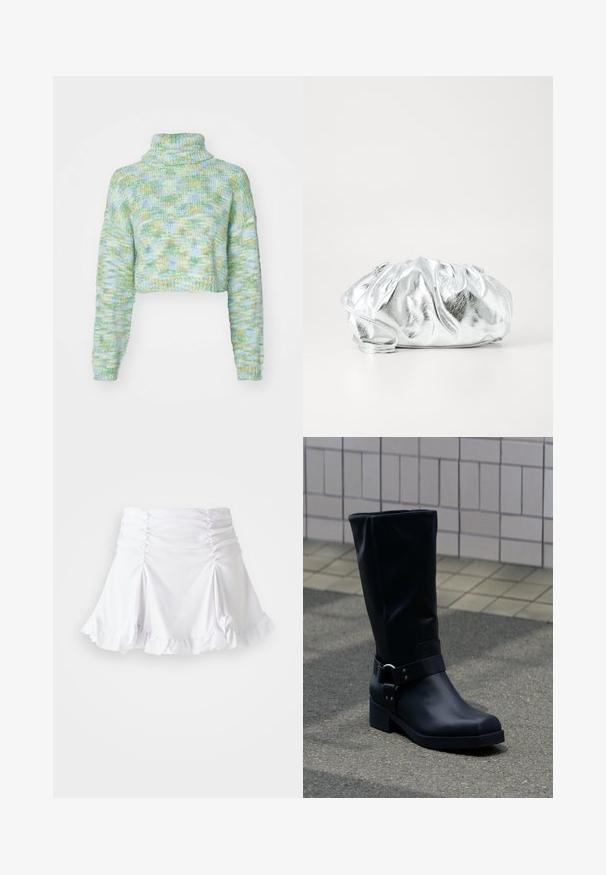 ONLY ONLELOISE CROP ROLLNECK - Πουλόβερ - absinthe green; Λευκή φούστα από υφασμάτινη υφή με ρυτίνη και φουσκάλες στο τελείωμα. Διαθέτει ανοιχτή σχεδίαση με εφαρμοστό μέσο.; Μαύρη δερμάτινη μπότα μέχρι τη μέση της γάμπας με χαμηλό χοντρό τακούνι και διακοσμητικό λουρί με μεταλλική αγκράφα γύρω από τον αστράγαλο, σε πλακόστρωτο πεζοδρόμιο.; Μεταλλική ασημένια τσάντα χερίου με απαλή, συγκεντρωμένη δομή και λεπτό λουρί ώμου. Διαθέτει λεία, γυαλιστερή υφή και στρογγυλό σχήμα.