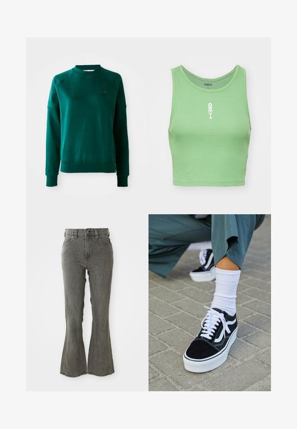 Sweatshirt vert à col rond avec des manches raglan, fabriqué en tissu doux. Il possède un col et des poignets à côtes, ainsi qu'un logo discret sur la poitrine.; Top crop côtelé vert menthe avec un col rond. Présente un logo "OBEY" blanc centré sur le devant. Le tissu a un aspect doux et texturé.; Jean en denim gris évasés avec une taille haute, des passants de ceinture, cinq poches et une finition en tissu doux et texturé.; Baskets en suède noir avec des accents et des lacets blancs, présentant une épaisse semelle blanche et des coutures contrastantes, associées à une chaussette blanche.