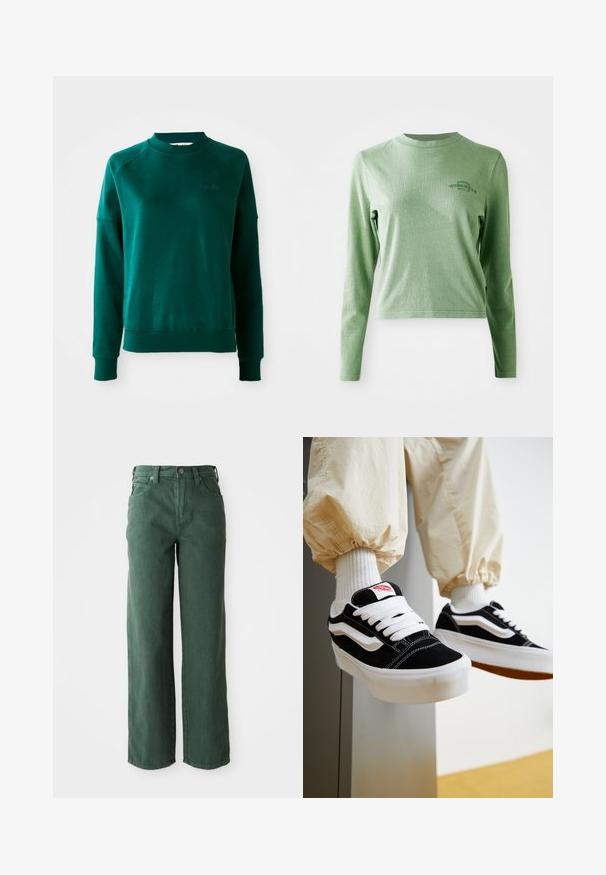Zelená mikina s crewneck výstrihom a raglánovými rukávmi, vyrobená z mäkkej látky. Obsahuje rebrovaný golier a manžety a nenápadné značenie na hrudi.; Svetlozelené tričko s dlhými rukávmi vyrobené z jemnej bavlny, s okrúhlym výstrihom a malým potlačeným logom na hornej ľavej strane.; Zelené široké džínsy vyrobené z denimu. Majú vysoký pás, rovné nohavice, predné vrecká a kovové zapínanie na gombík.; Osoba nosiaca čierno-biele tenisky Vans s bielymi šnúrkami, bielymi ponožkami a béžové nohavice s elastickými lemami.